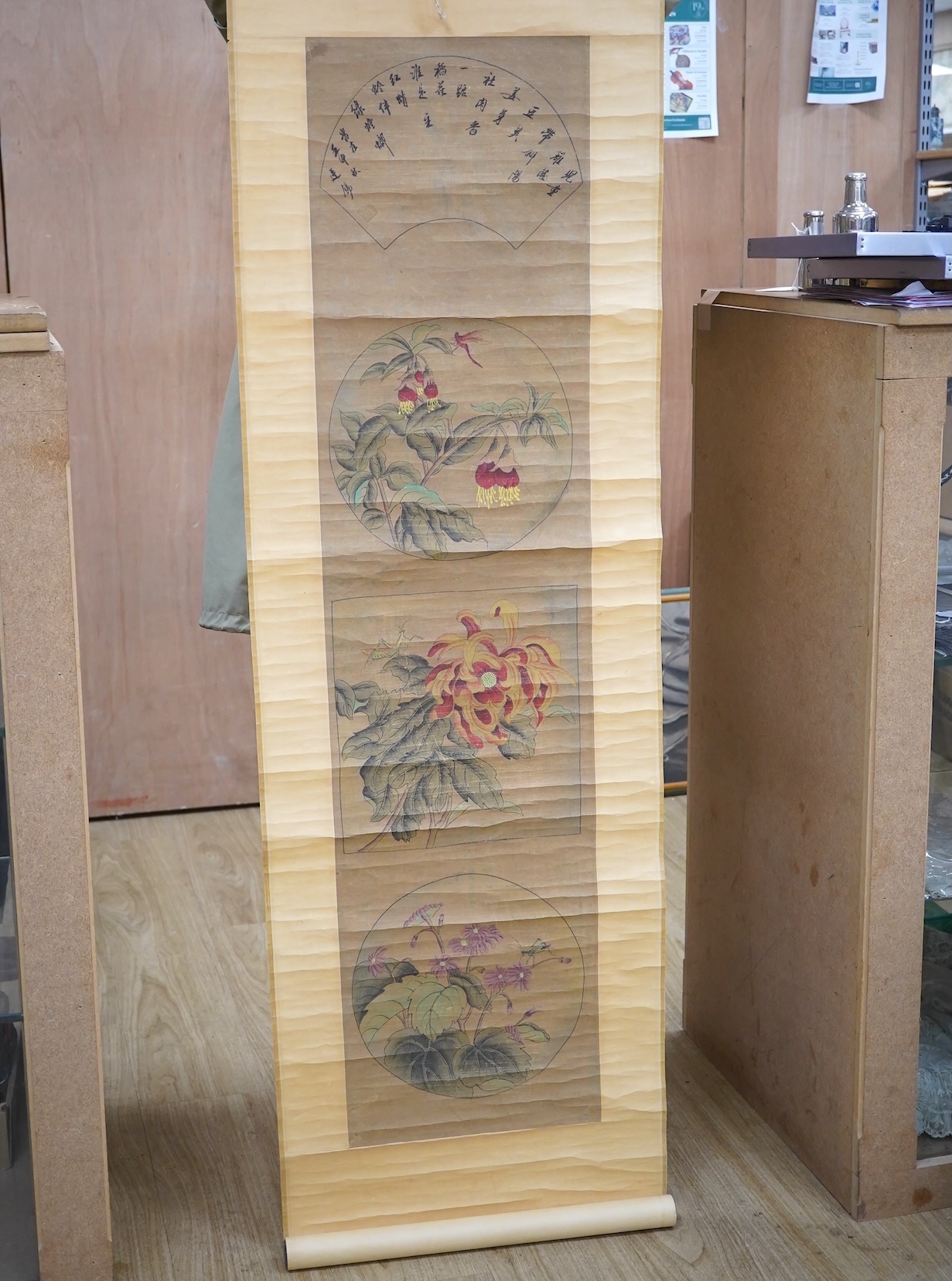 A pair of Chinese scroll pictures. Condition - fair